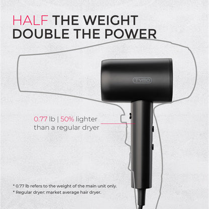 Tymo hair dryer showing speed and heat control buttons