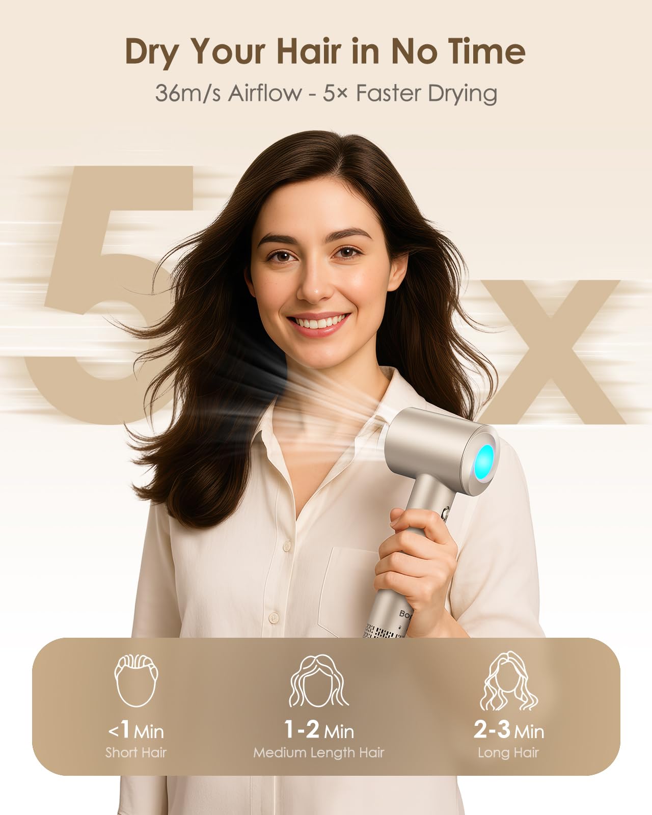 Front view of Oimye professional hair dryer with gold finish