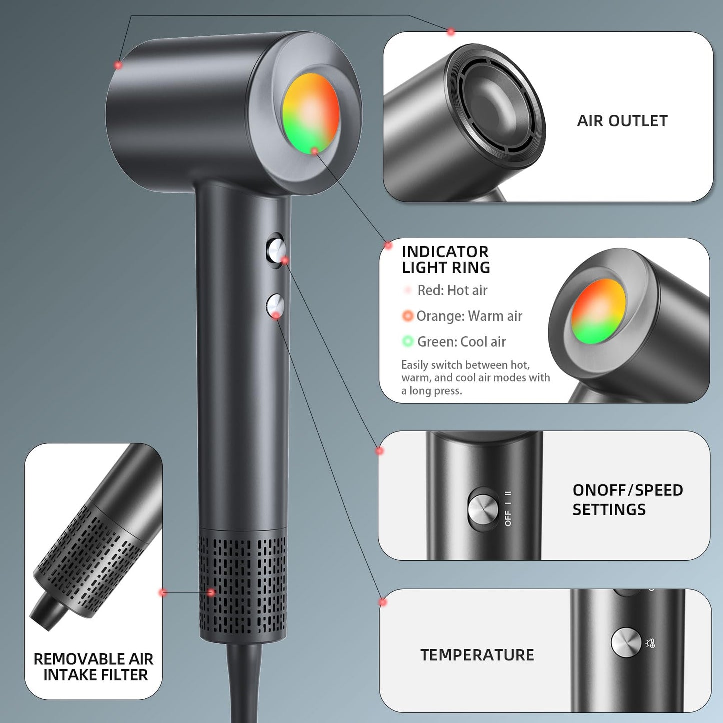 Close up of Jitoow hair dryer motor settings and controls