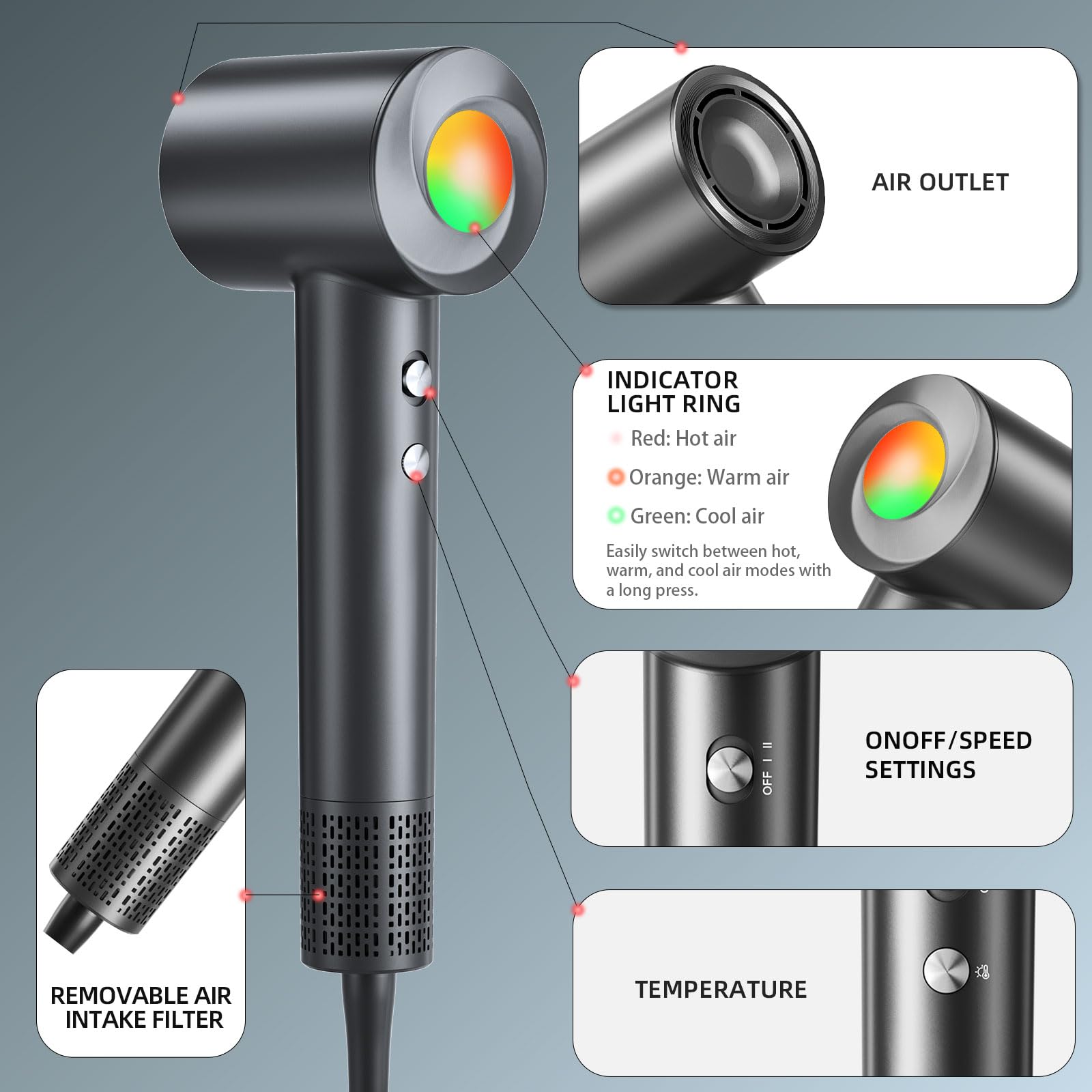 Close up of Jitoow hair dryer motor settings and controls