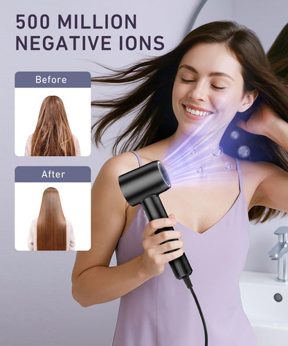 Side profile of the ergonomic black ionic hair dryer highlighting its compact travel friendly design
