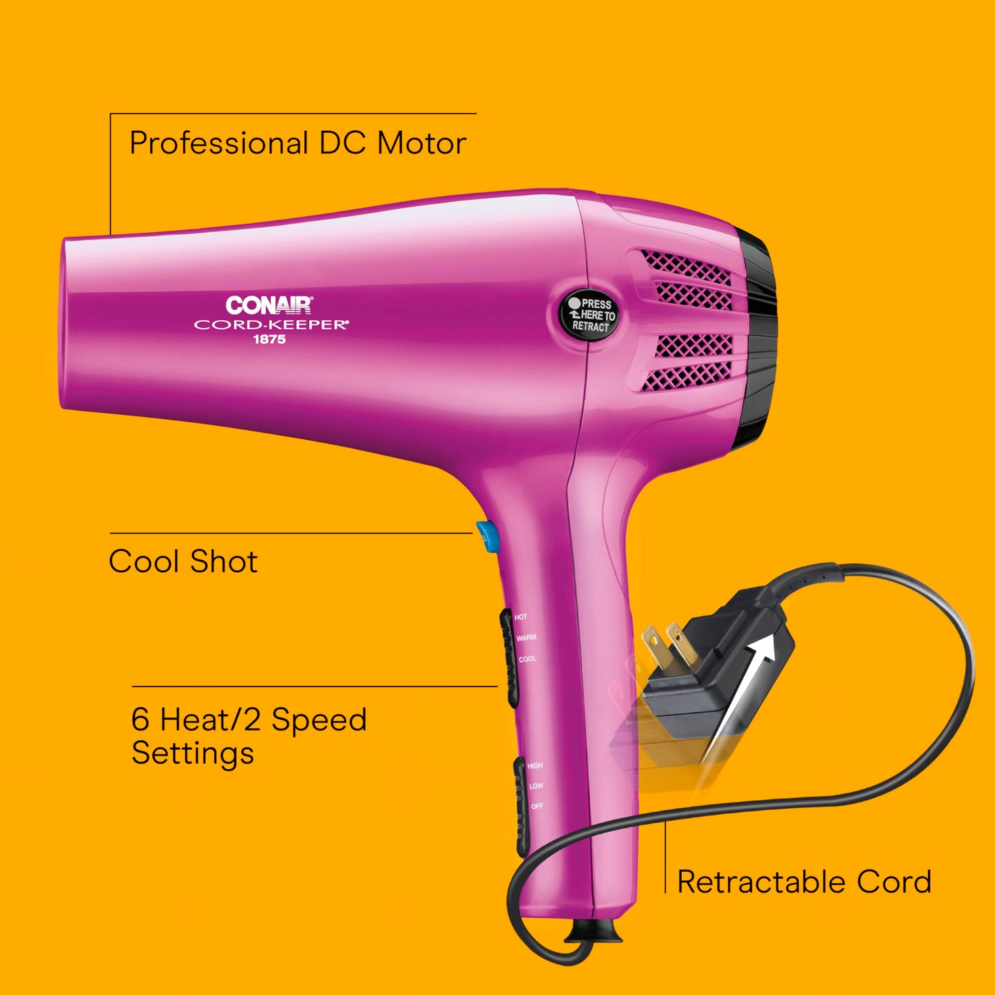 Conair retractable cord blow dryer pink handle close up view