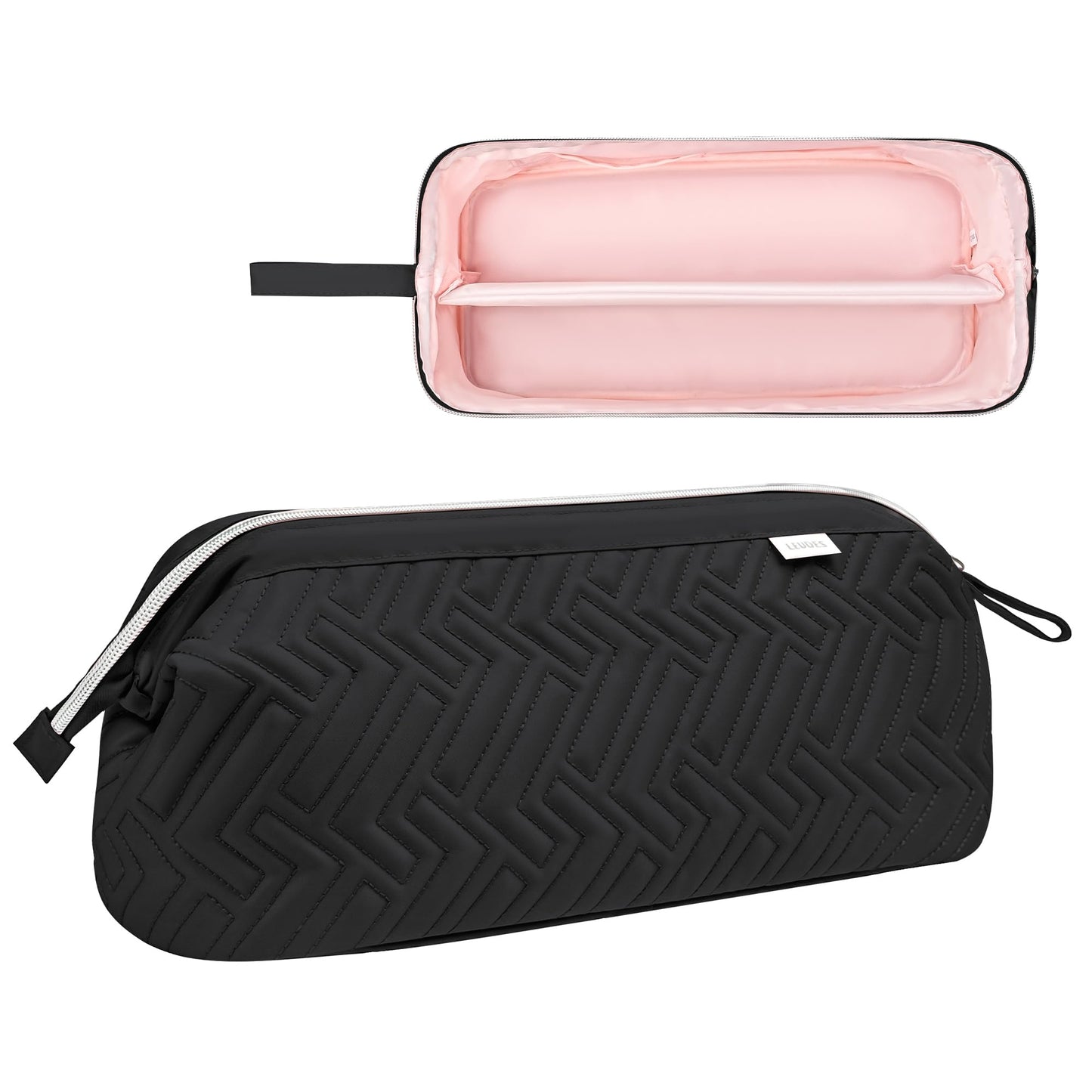 Leudes portable hair styling organizer open showing light pink padded interior compartments.