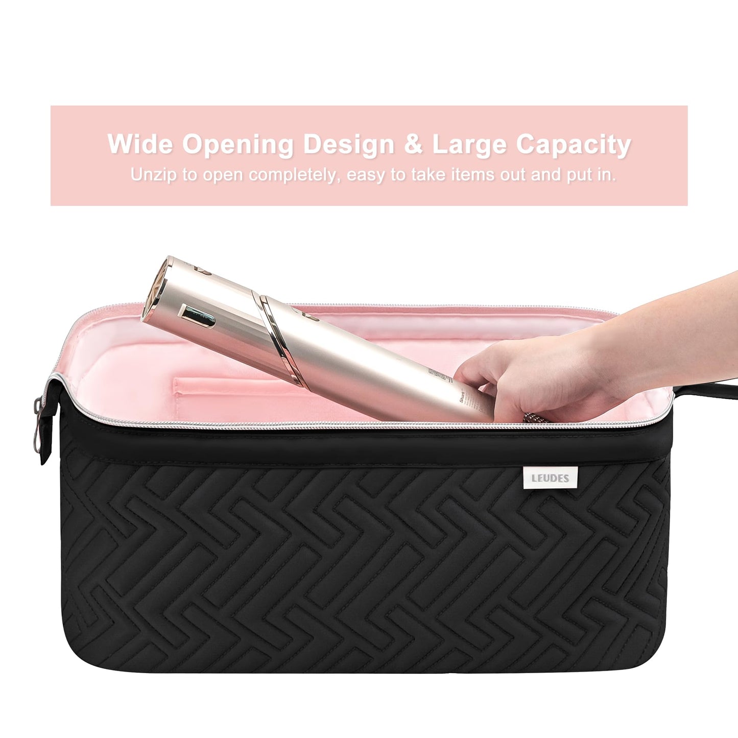 Leudes hair tools storage case packed side view illustrating sleek profile inside travel luggage.