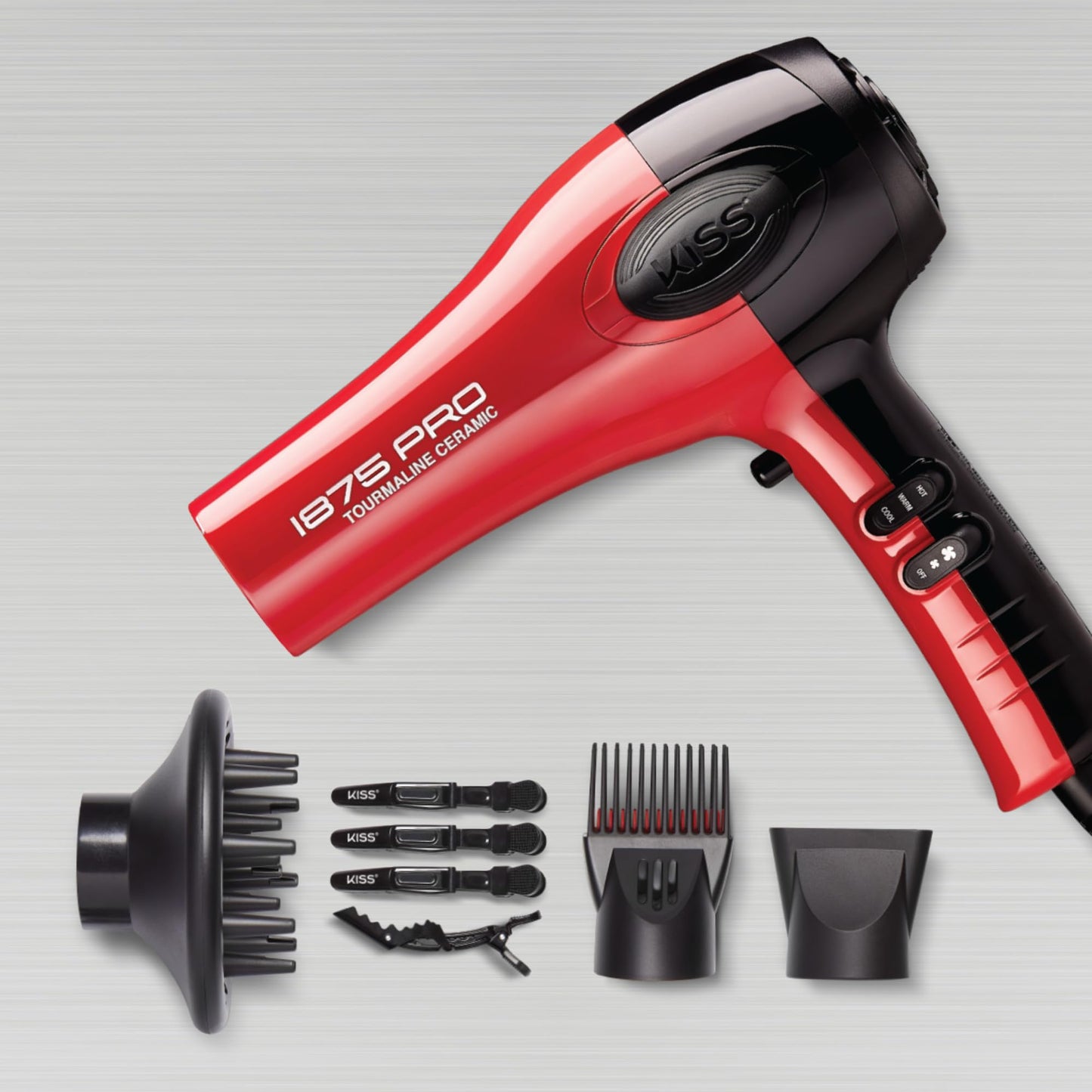 KISS tourmaline ionic hair dryer unboxed with seven styling accessories displayed