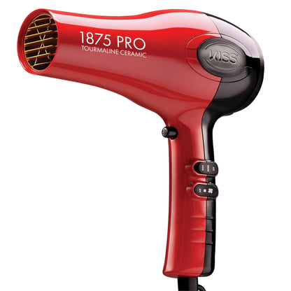 Close up of the ergonomic handle and cool shot button on the red KISS dryer