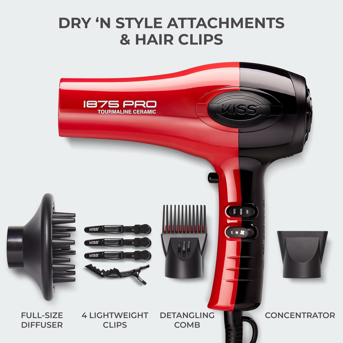 Side profile of the lightweight red KISS tourmaline ceramic hair dryer