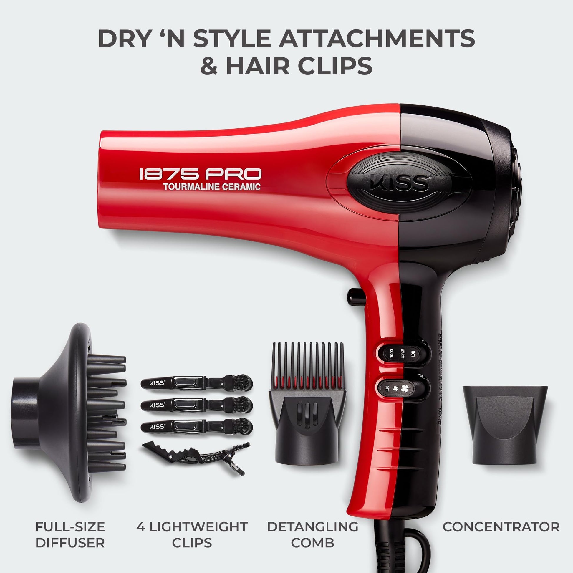 Side profile of the lightweight red KISS tourmaline ceramic hair dryer
