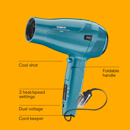 Teal Conair 1875 Watt blow dryer with the cord fully extended and the handle unfolded for use.