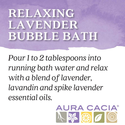 Aura Cacia 13 fluid ounce lavender bubble bath bottle side profile