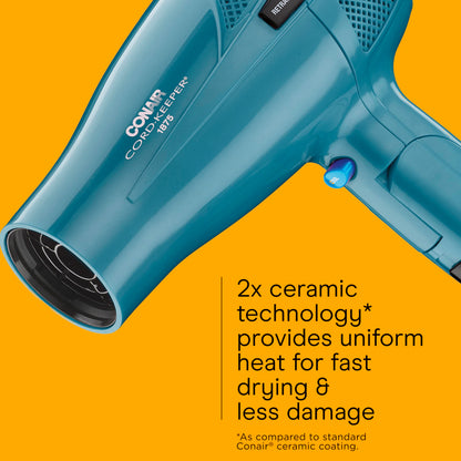 Conair ionic travel hair dryer collapsed with handle folded into travel position showing space saving benefits.