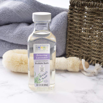 Back label of Aura Cacia Relaxing Lavender Bubble Bath ingredients