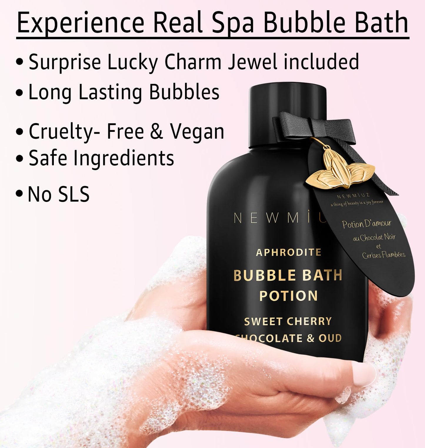 Black bottle of New Miuz bubble bath with decorative ribbon