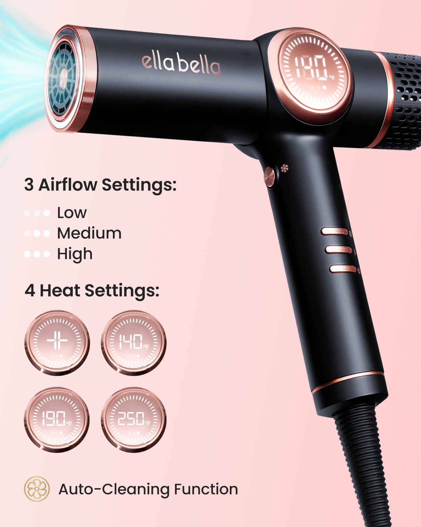 Ella Bella high speed brushless motor hair dryer showing air speed controls
