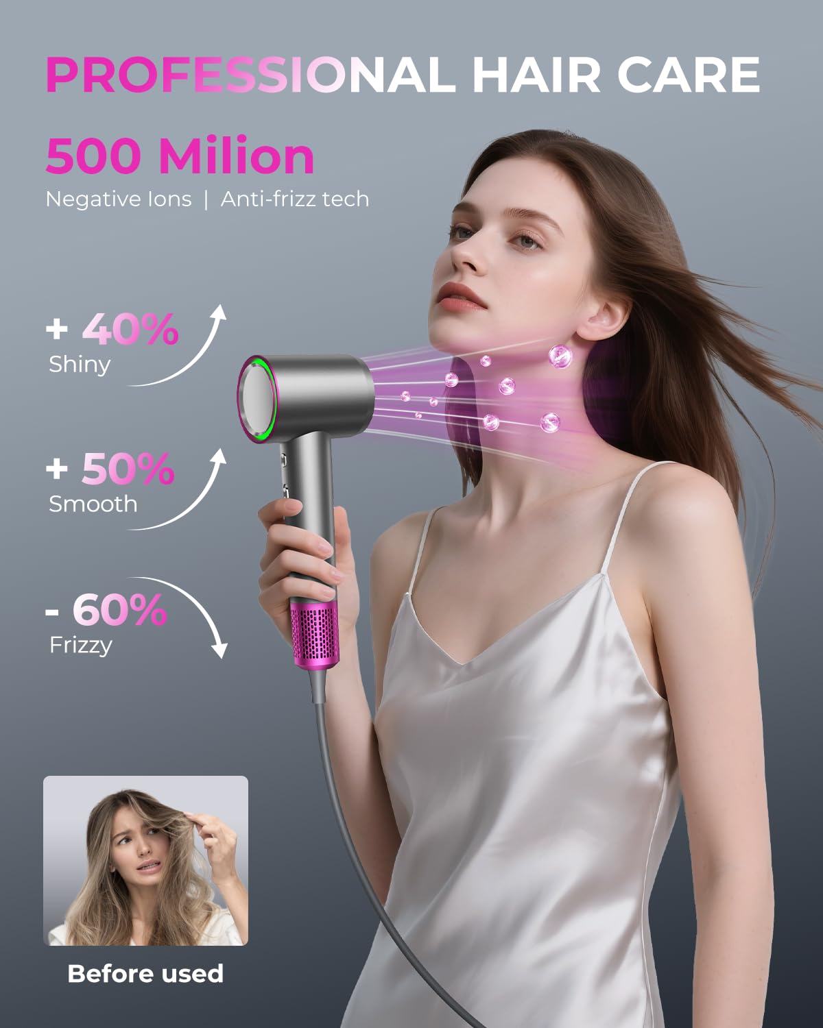 Side profile of grey and magenta Shrate ionic hair dryer