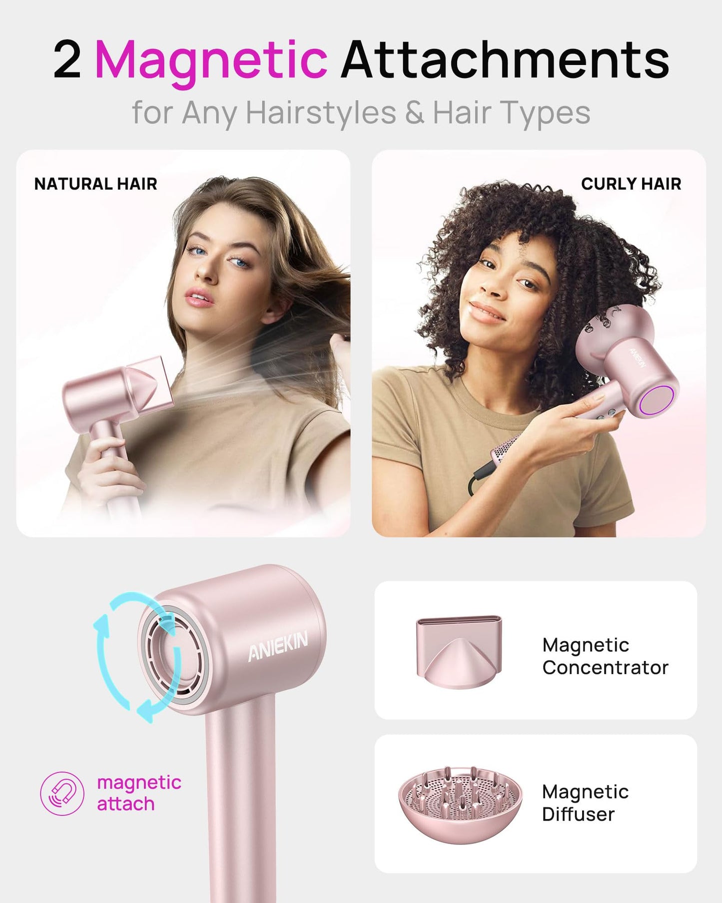 Compact lifestyle view of the lightweight ANIEKIN travel hair dryer inside a vanity bag.