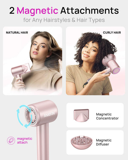 Compact lifestyle view of the lightweight ANIEKIN travel hair dryer inside a vanity bag.