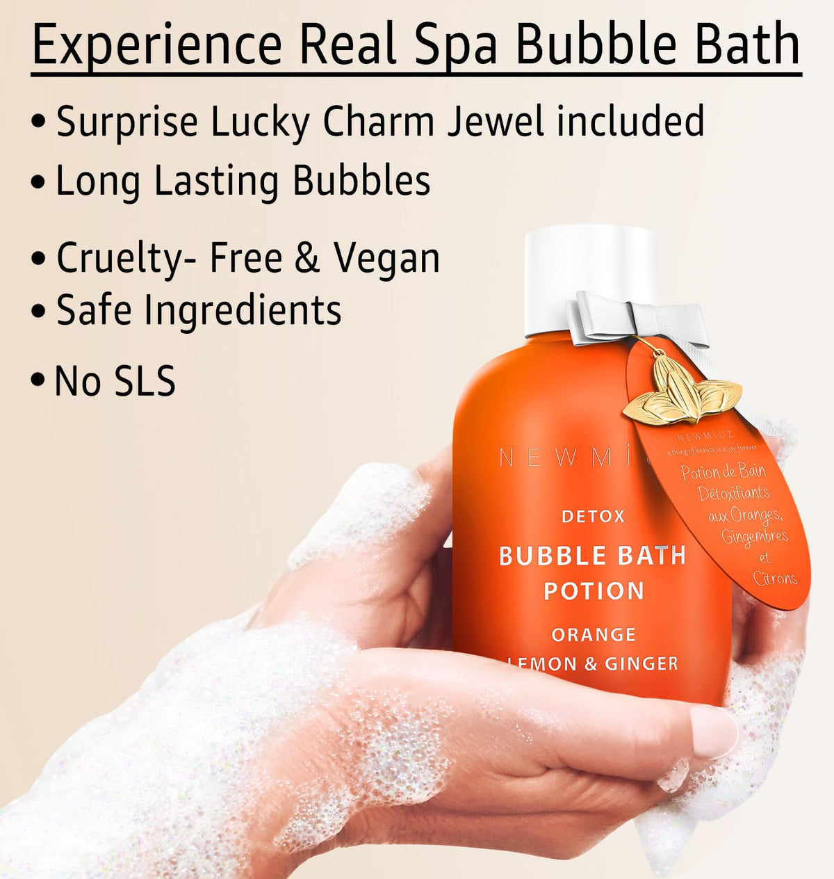 Back label of New Miuz bubble bath detailing instructions and ingredients