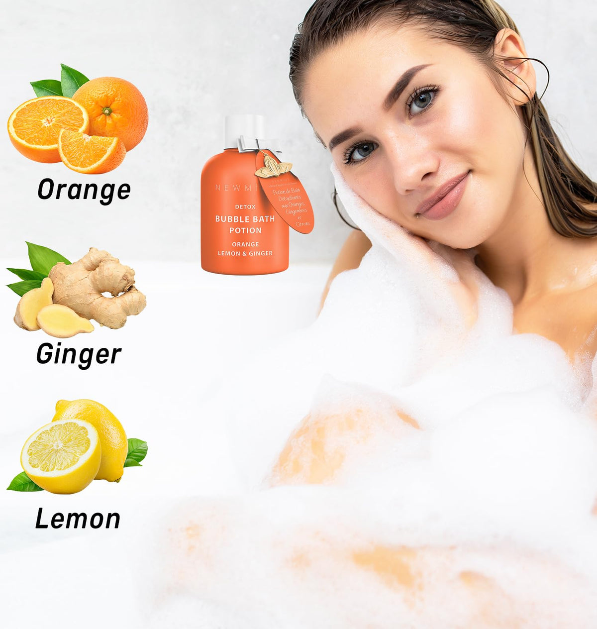 Close-up of rich citrus bubble bath foam lather in a bathtub