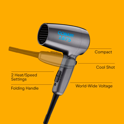 Conair compact folding blow dryer with the handle collapsed for travel storage