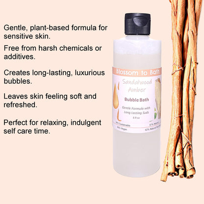 Sandalwood Amber bubble bath bottle next to a warm bath setting