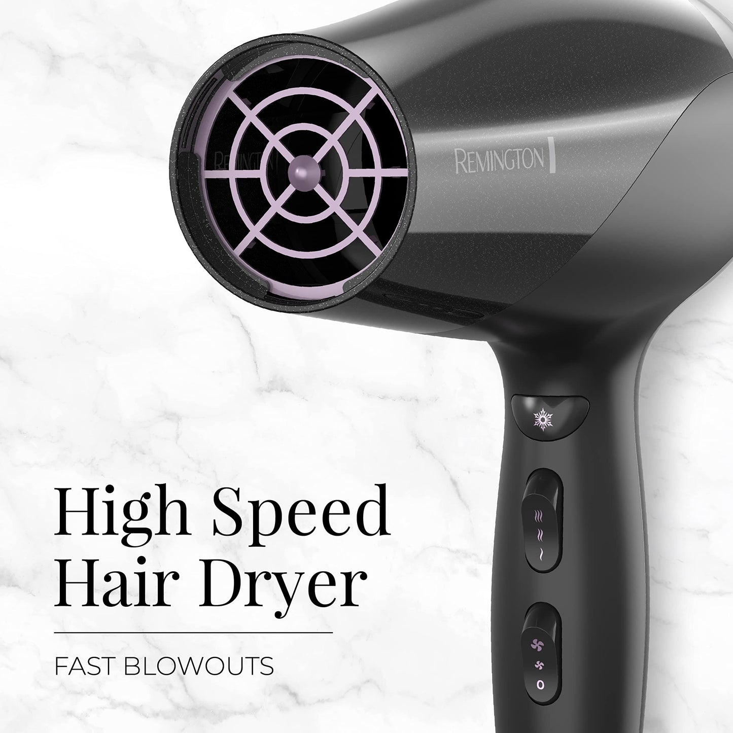 Remington ceramic ionic tourmaline hair dryer featuring the volumizing curl diffuser attachment for wave definition.