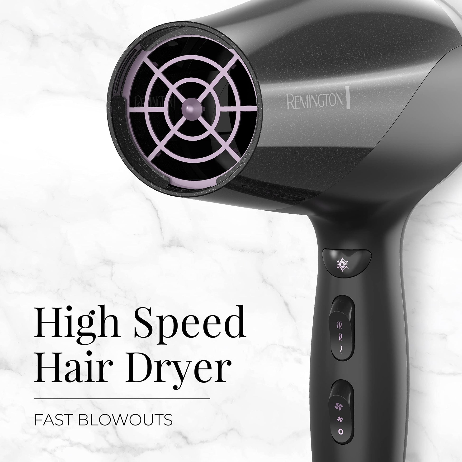 Remington ceramic ionic tourmaline hair dryer featuring the volumizing curl diffuser attachment for wave definition.