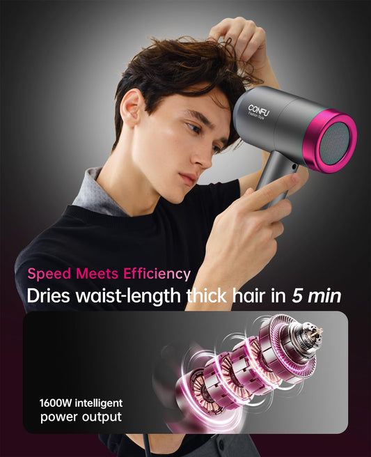CONFU portable lightweight hairdryer showing infinity speed control dial