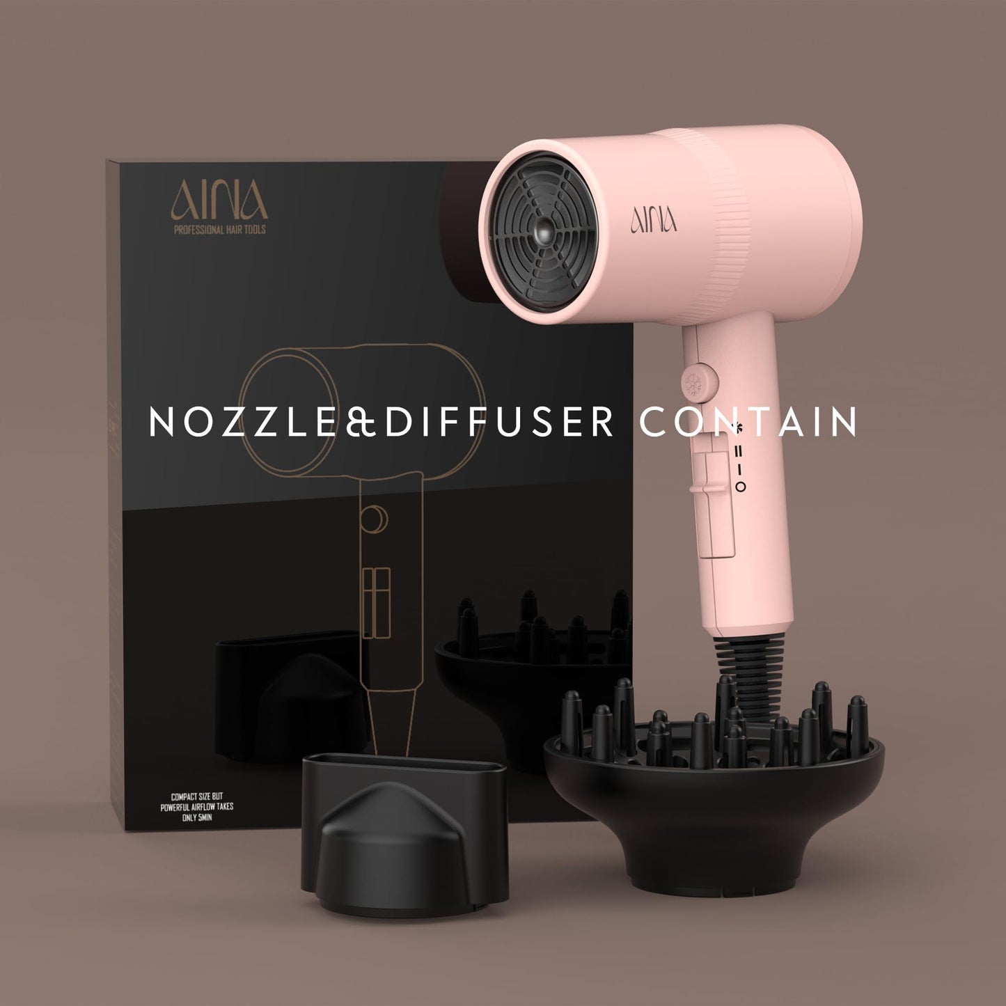 Back view of the pink AINA blow dryer showing the airflow intake filter