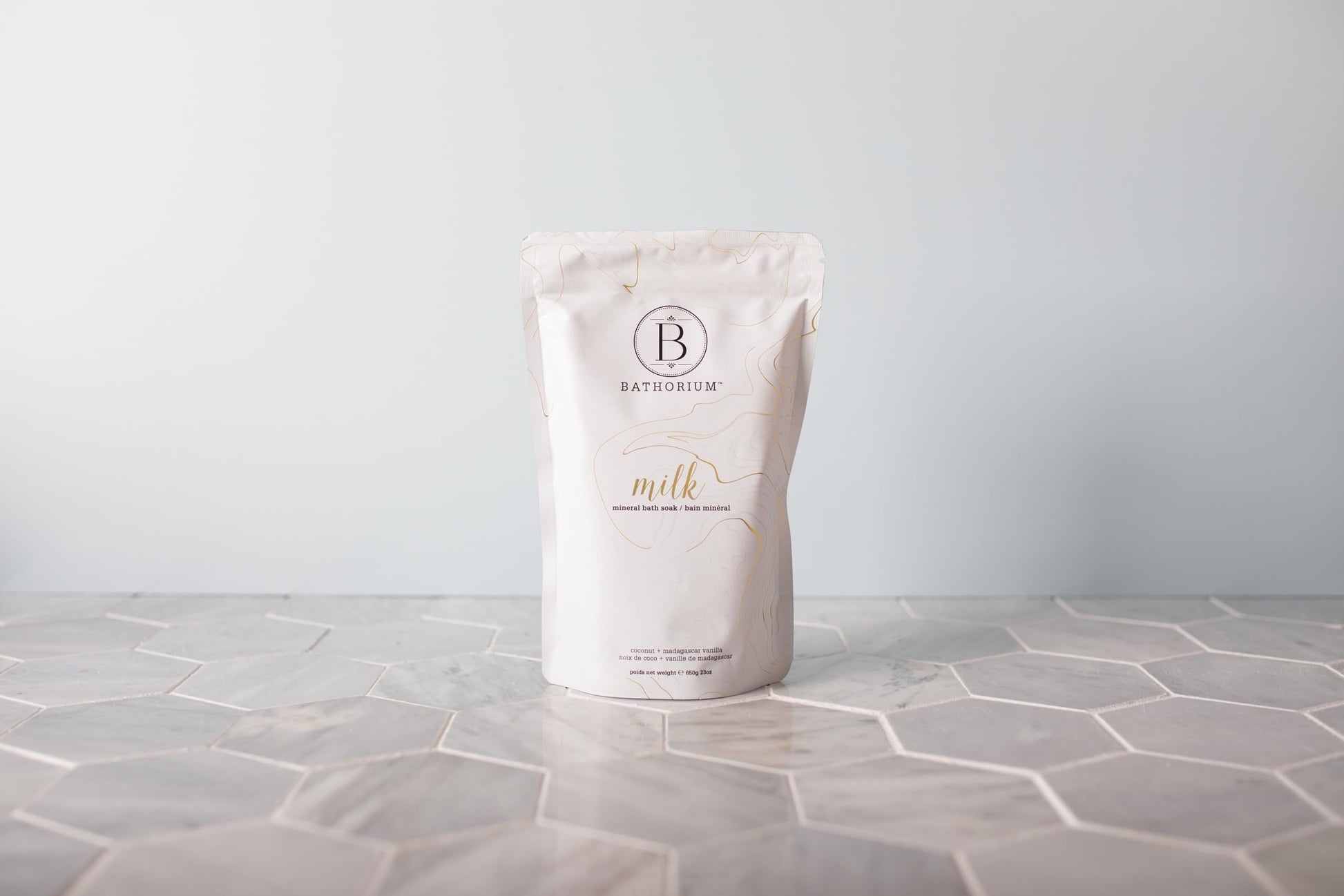 Close up of Bathorium Milk Mineral Bath Soak pouch