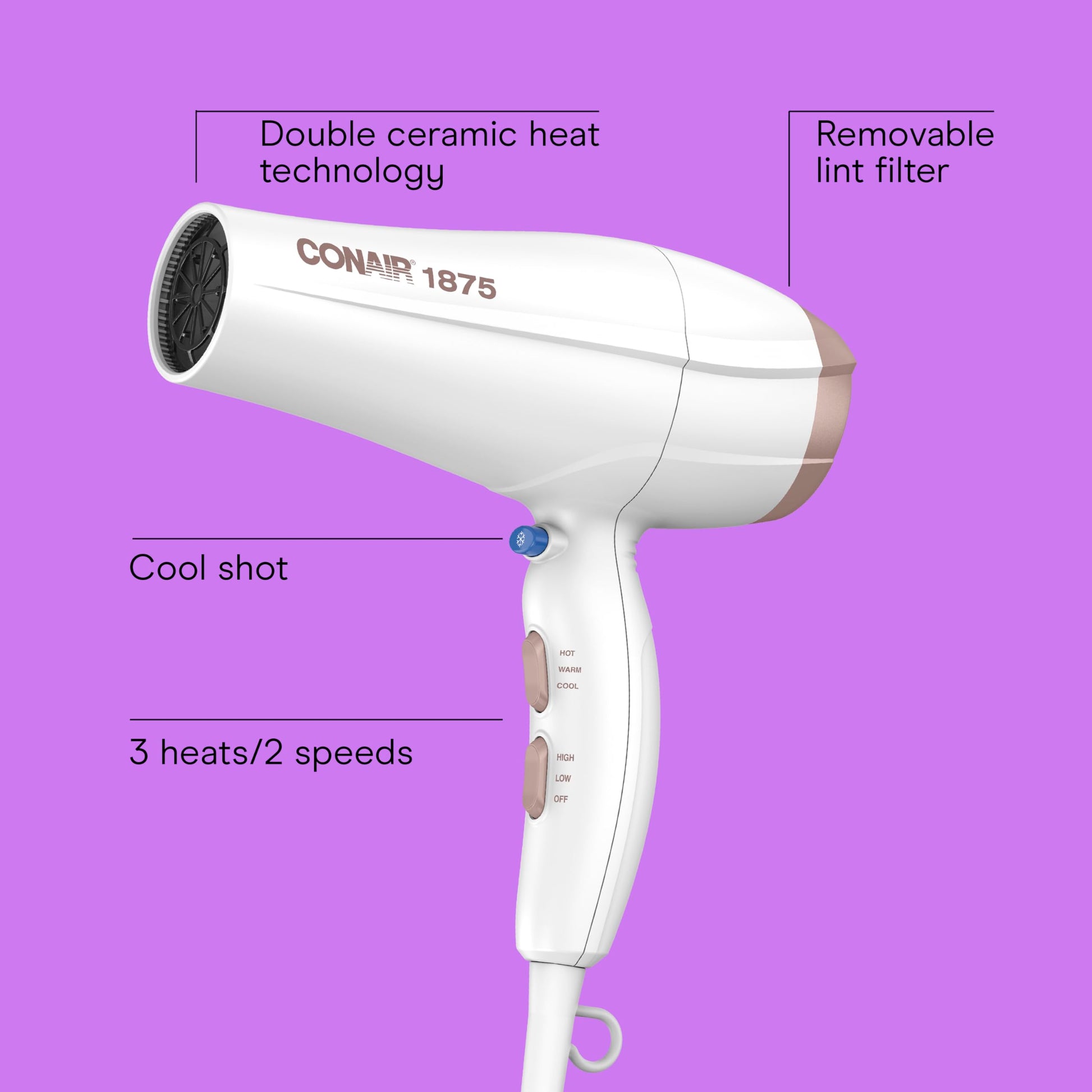 Conair 1875 Watt blow dryer showing the three heat and two speed controls