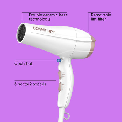Conair 1875 Watt blow dryer showing the three heat and two speed controls