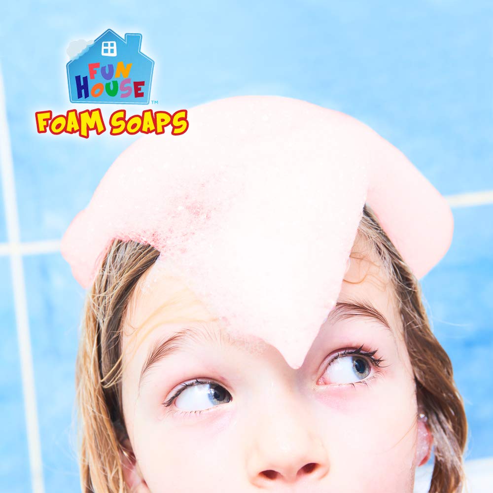 Fun House kids foam soap orange scent canister showing blue hippo mascot