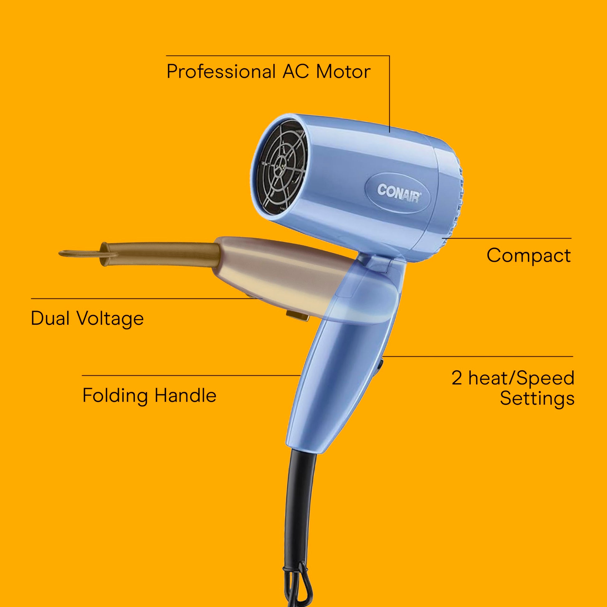 Conair 1600W compact blow dryer unfolded in an ergonomic holding position