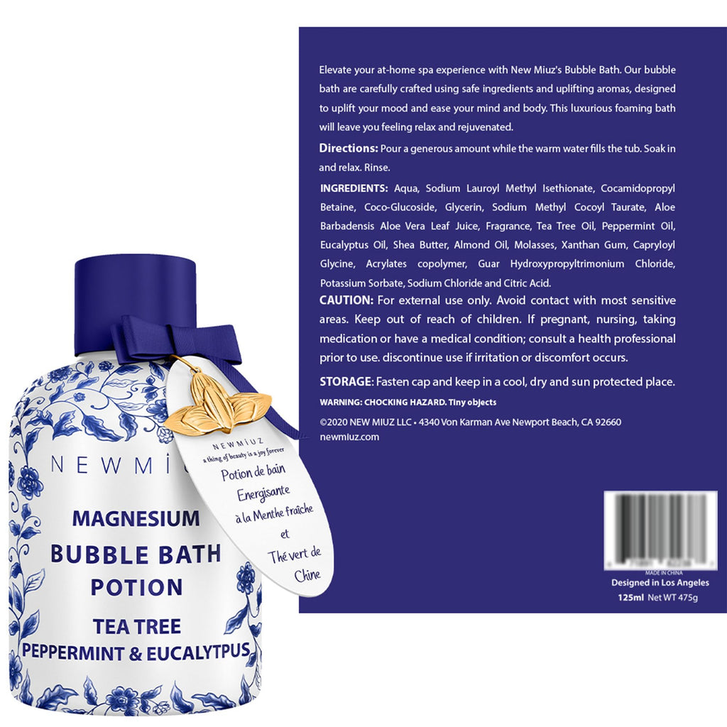 New Miuz natural essential oil bath product back label