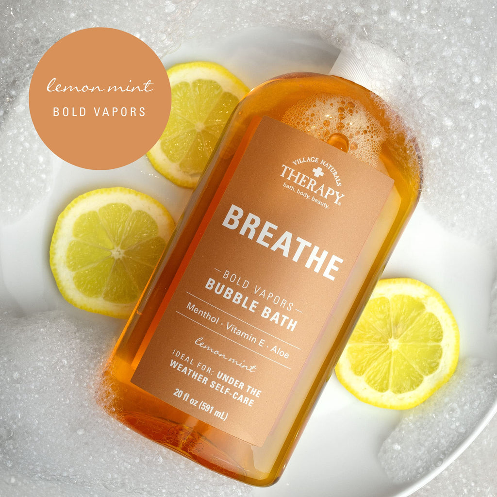 Village Naturals Therapy Breathe Bubble Bath back label with ingredient details