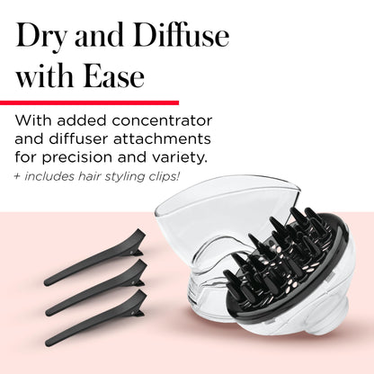 Revlon 1875W professional hair dryer with precision styling concentrator nozzle attachment.