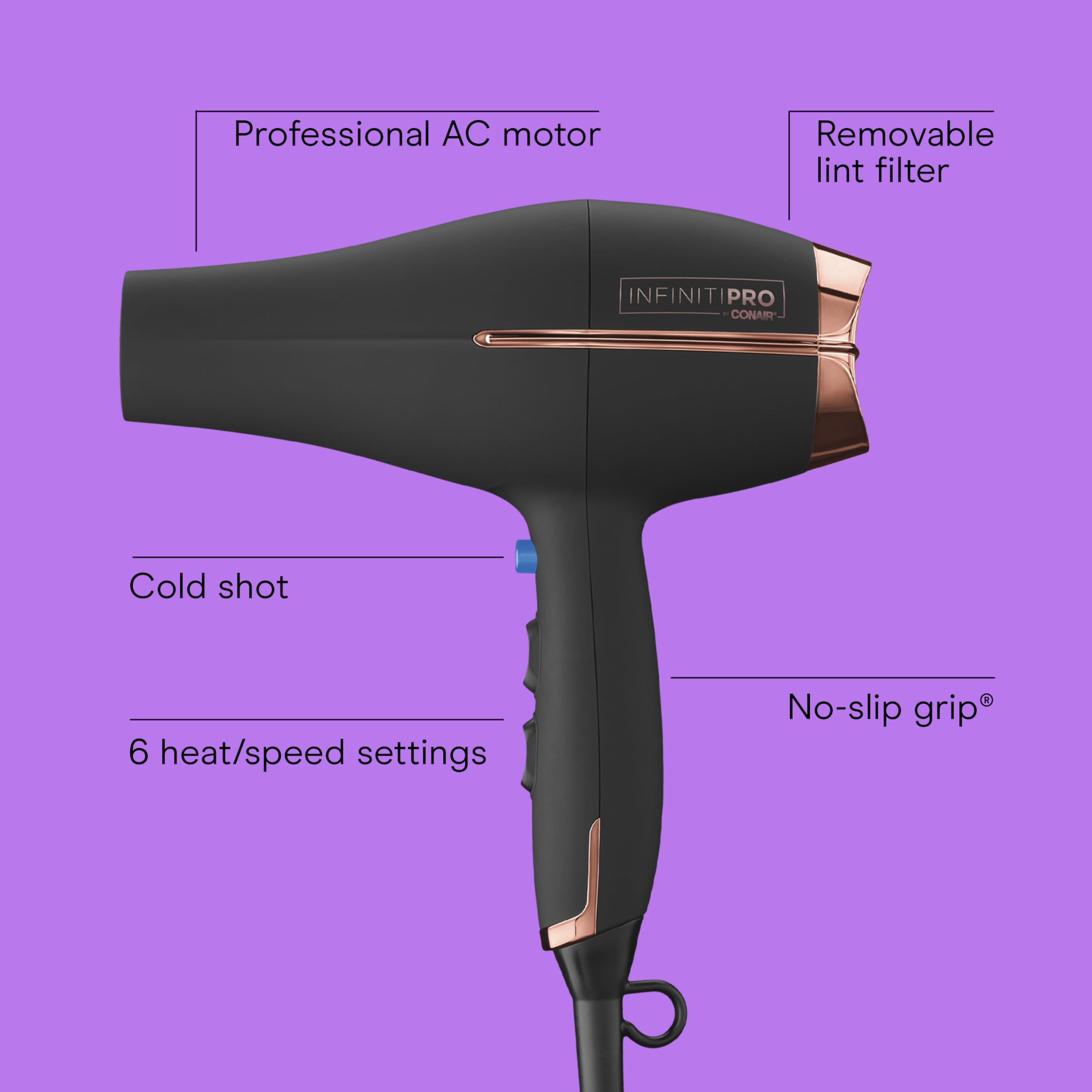 Conair InfinitiPRO professional AC motor blow dryer with concentrator nozzle attached