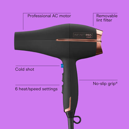 Conair InfinitiPRO professional AC motor blow dryer with concentrator nozzle attached