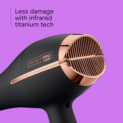 Close up of the three heat and two speed buttons on the handle of the Conair InfinitiPRO dryer
