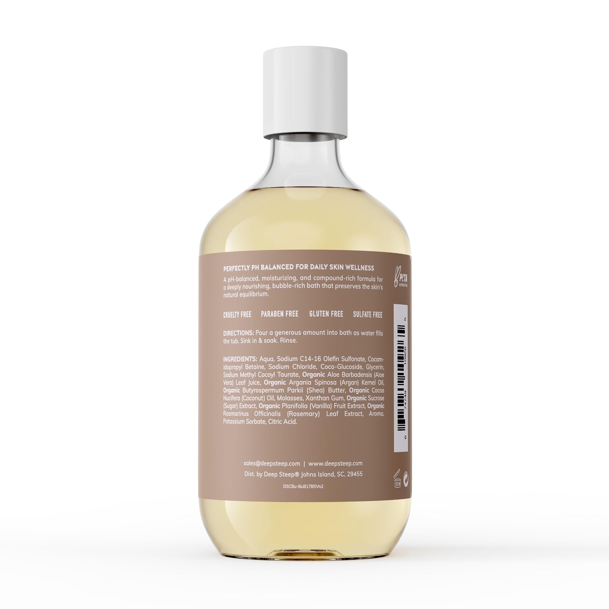 Deep Steep Brown Sugar Vanilla bubble bath bottle showing organic ingredient label