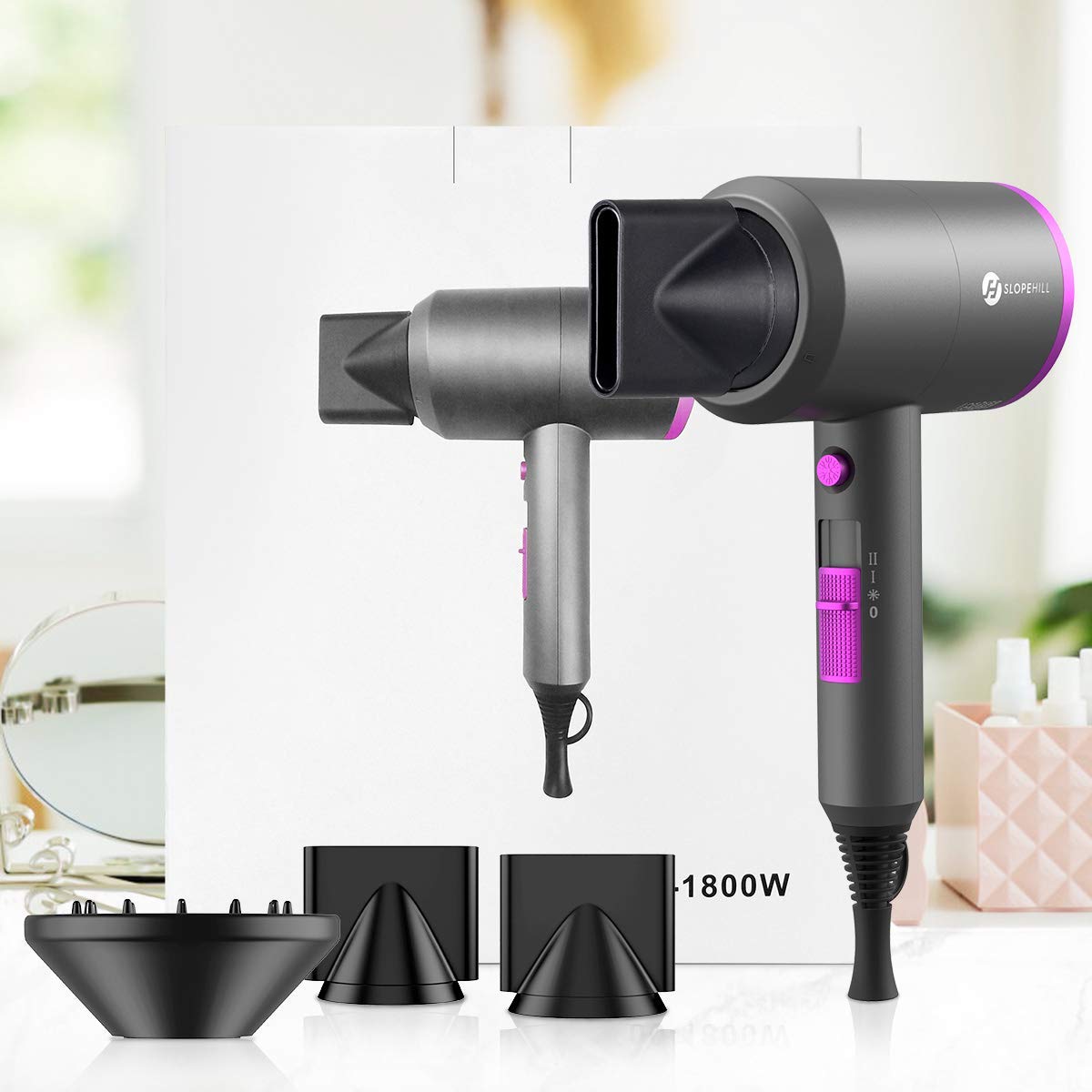 Slopehill hair care appliance showing modern matte grey finish and premium packaging