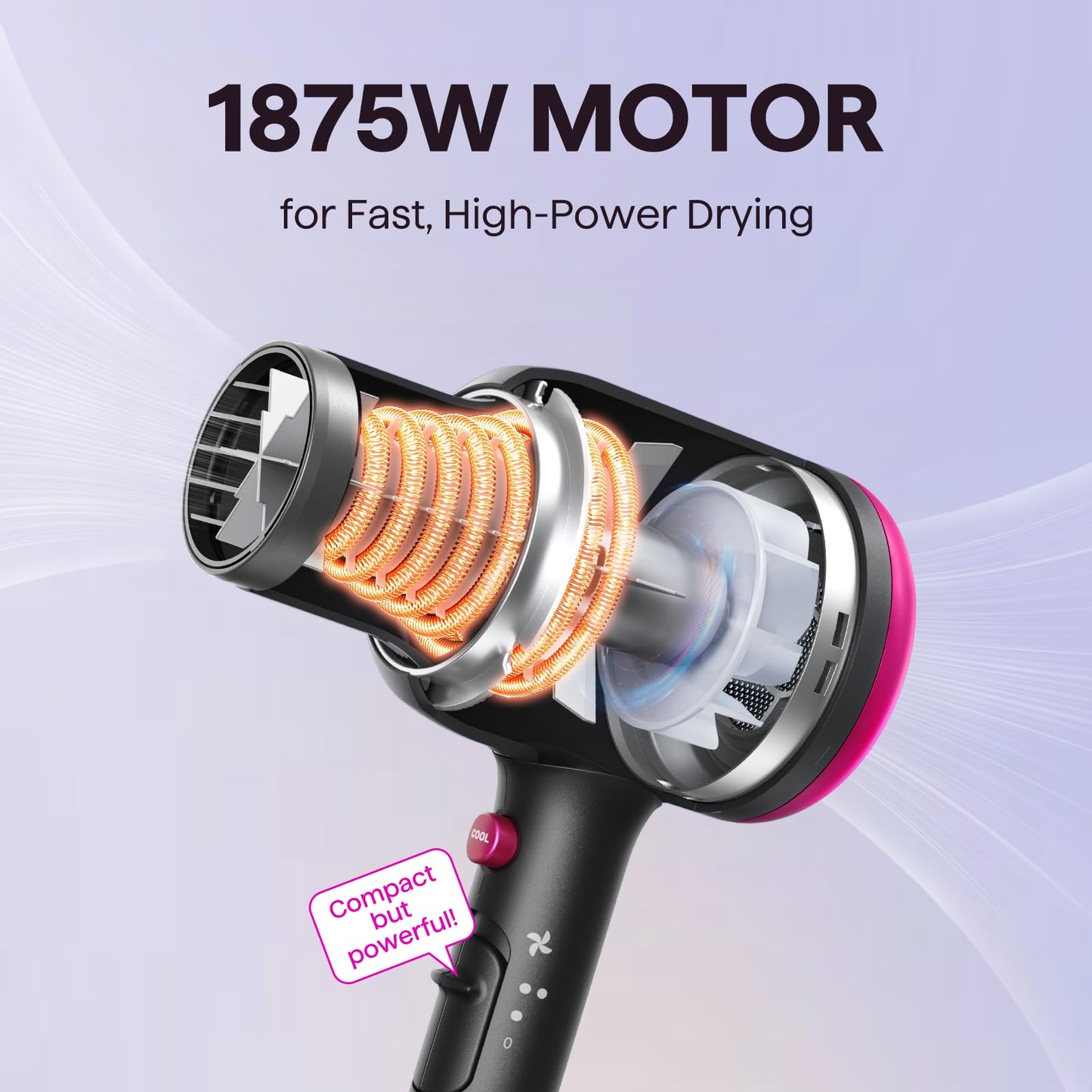 Close up view of the targeted precision concentrator nozzle attached to the black Wavytalk blow dryer