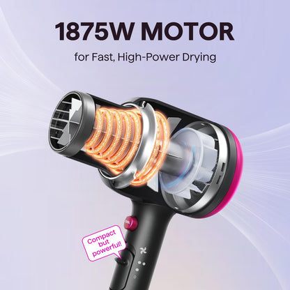 Close up view of the targeted precision concentrator nozzle attached to the black Wavytalk blow dryer