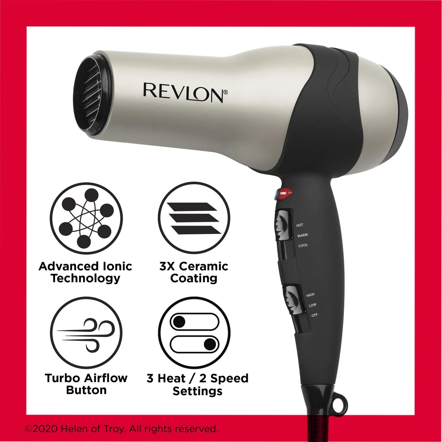 Close up of the heat and speed settings on the handle of the Revlon hair dryer.