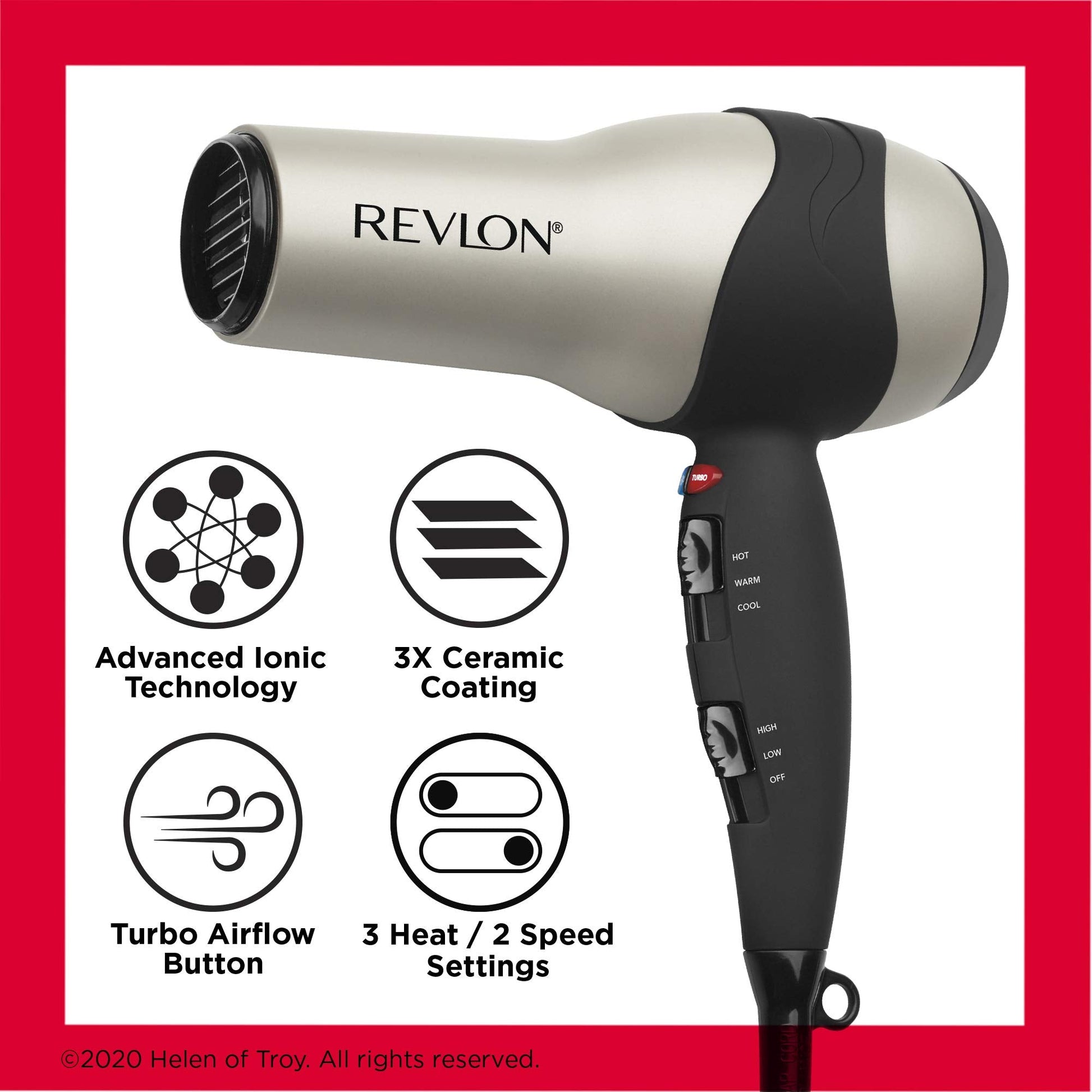 Close up of the heat and speed settings on the handle of the Revlon hair dryer.