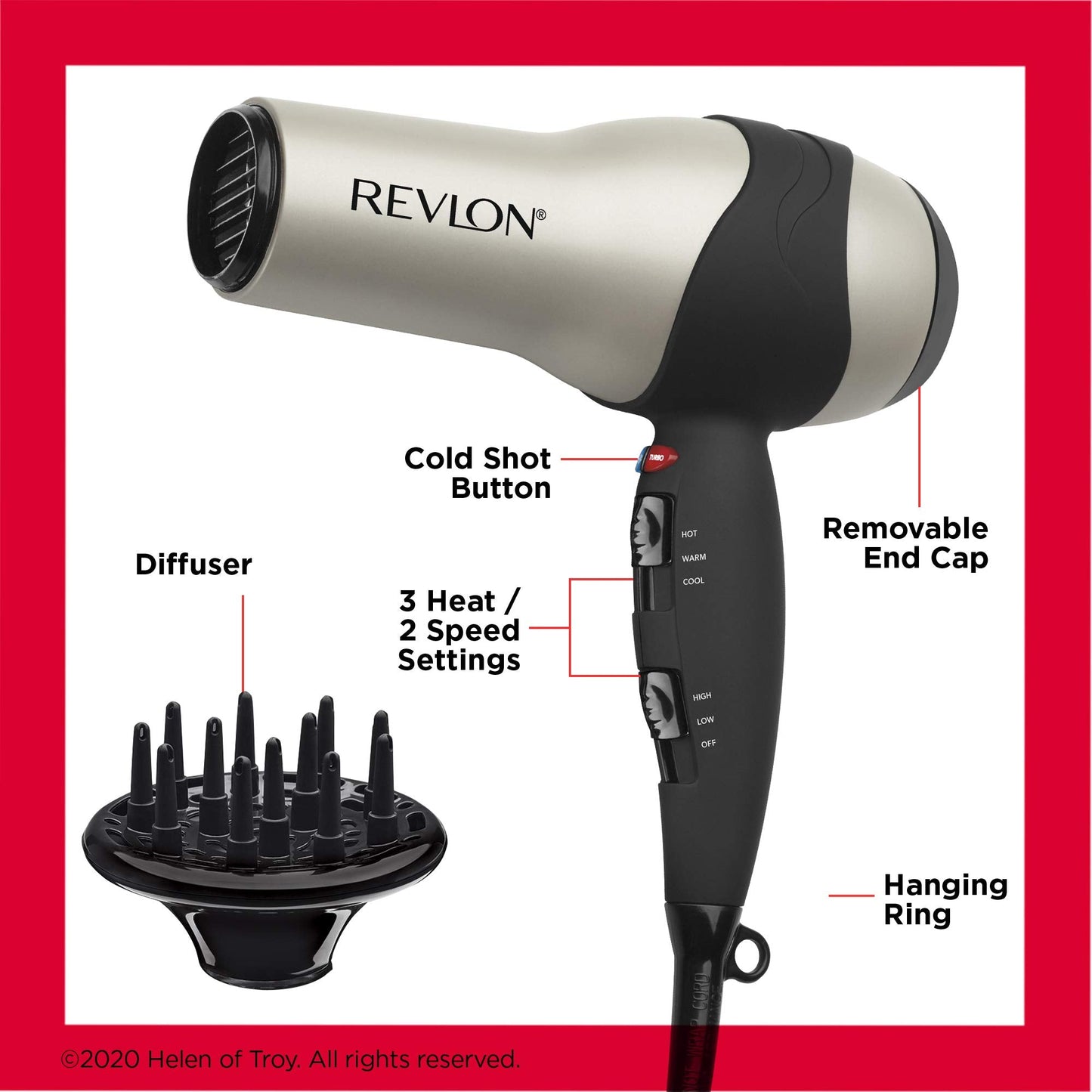 Revlon silver ceramic hair dryer showing the rear air intake filter design.