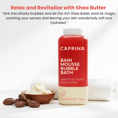Caprina hydrating bubble bath bottle placed in a bathroom setting