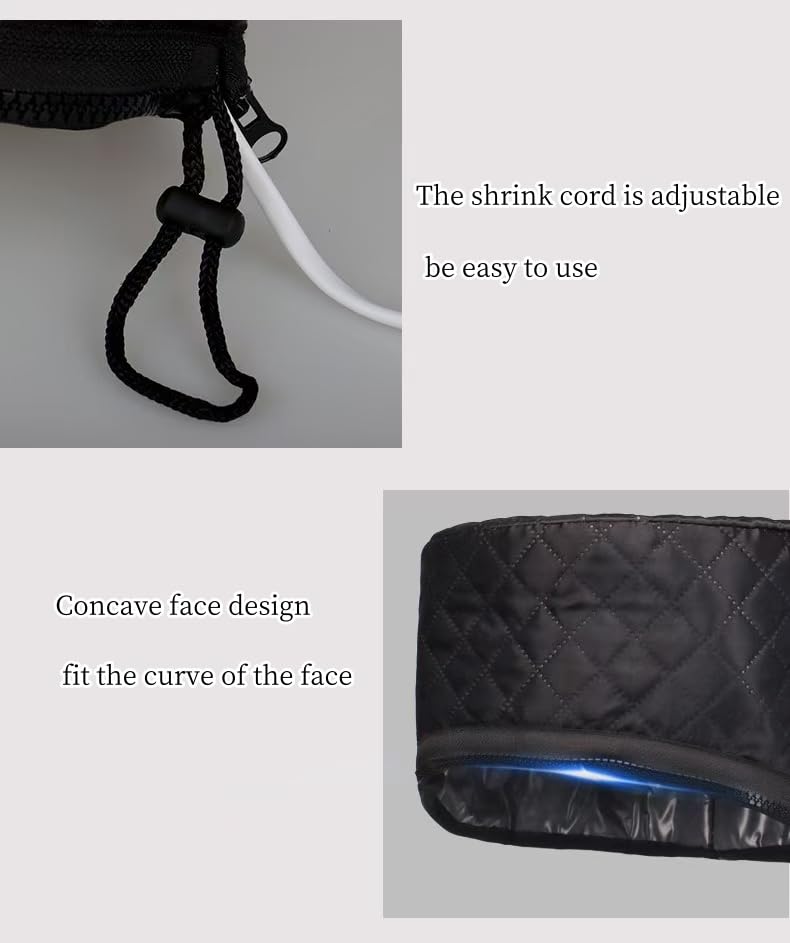 Close-up of the adjustable quick-release drawstring on the black quilted hair steamer hat.
