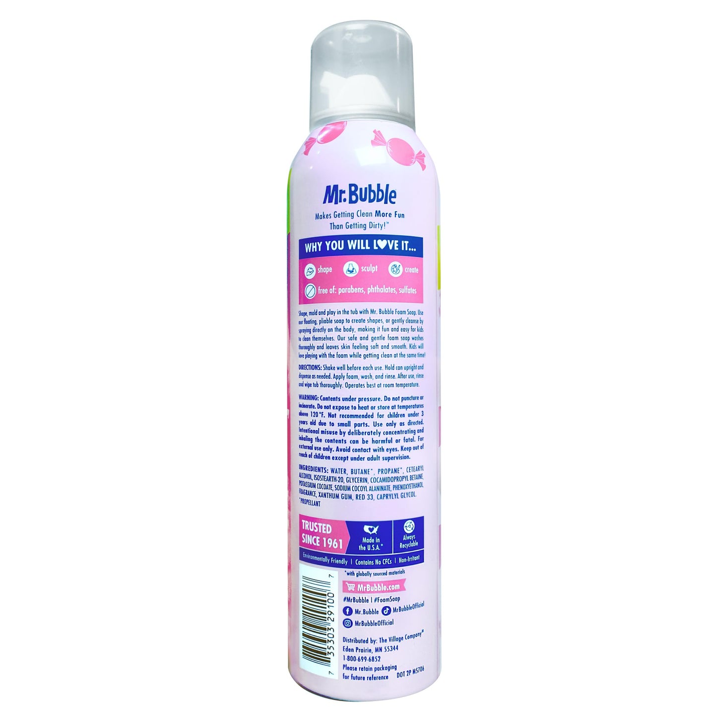 Mr. Bubble foam soap canisters showing the bubblegum scent label